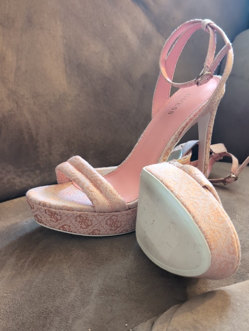 Guess Pink Logo Jacquard Platform Heel Sandals - Picture 3 of 10